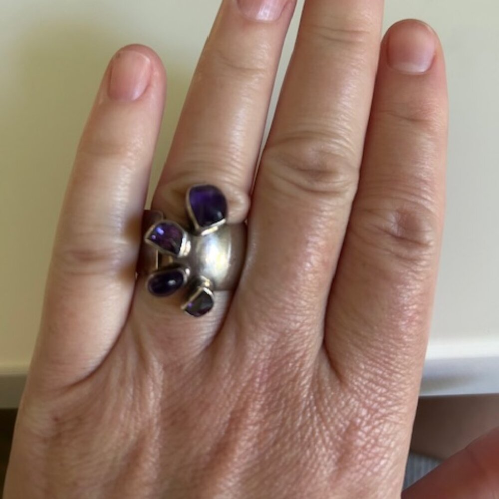 Lillly Barrack Multi Stone Amethyst Wideband Ring- Adjustable- Sterling Silver